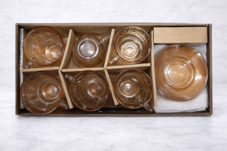 طقم شاي/قهوة زجاجي شفاف بلون كهرماني (عسلي