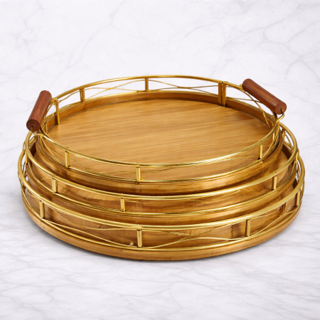 طقم صواني تقديم خشب مع إطار ذهبي