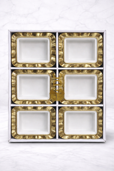 طقم صحون تقديم مستطيلة بورسلان بإطار ذهبي